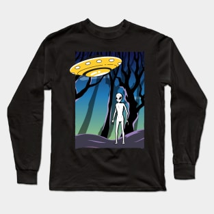 Ufo alien funny cute flying spaceship astronaut moon mars cosmic forest Long Sleeve T-Shirt